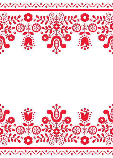 Векторная открытка польского народного искусства или приглашение на свадьбу с цветами и геометрическими формами, красивое красное украшение в формате 5х7