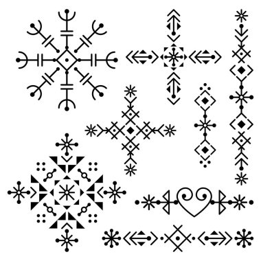 İzlanda 'nın runik sanat tarzı geometrik kabile çizgisi sanat vektör tasarım koleksiyonu, Viking desenlerinden esinlenerek siyah ve beyaz set