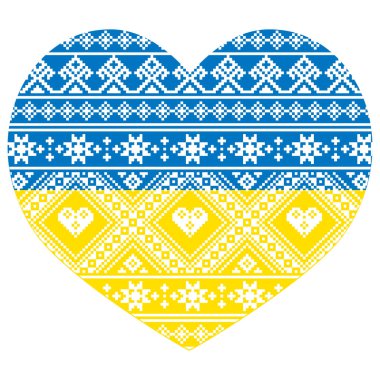 Ukrainian flag - heart shape with Vyshyvanka folk art vector seamless pattern, traditional emboidery design clipart