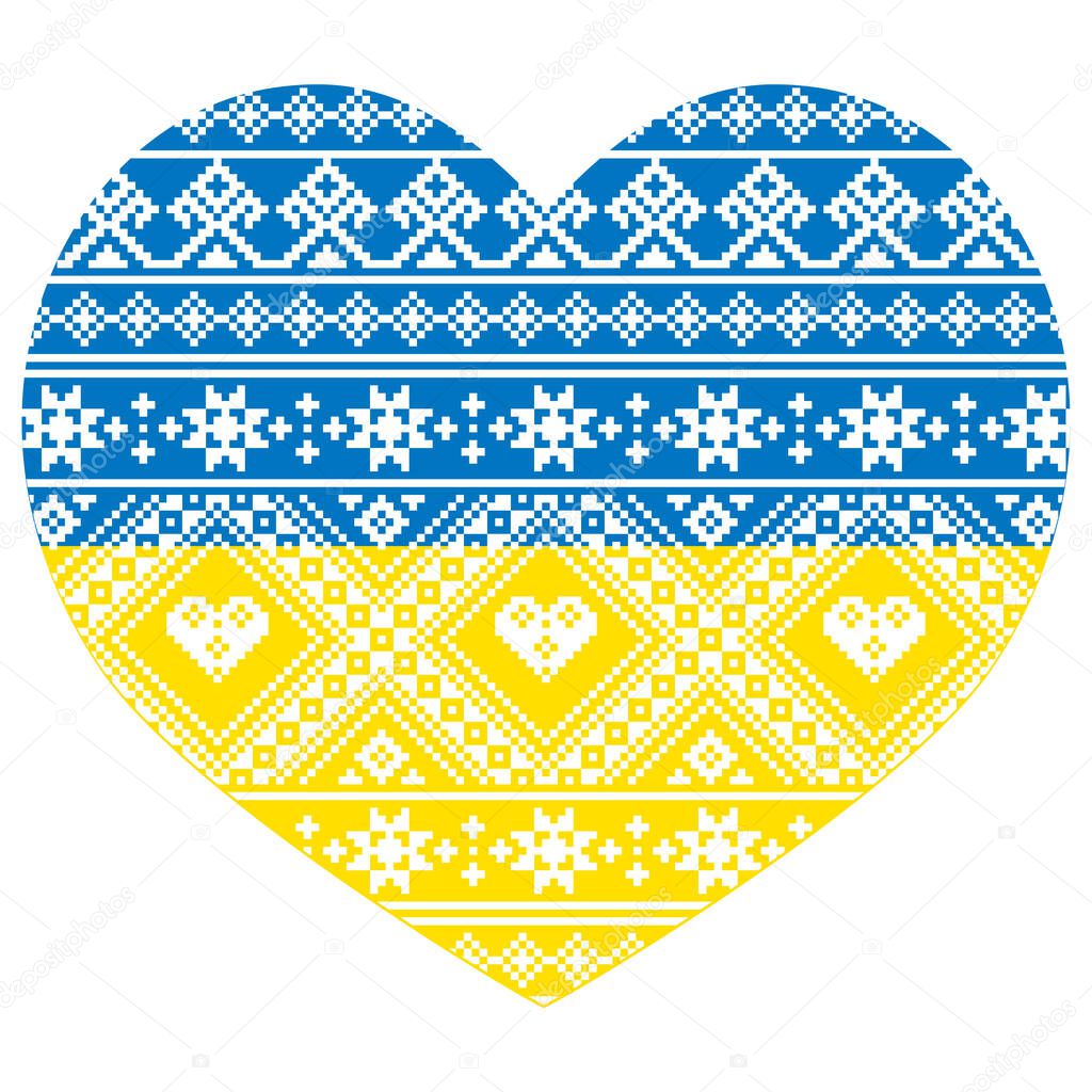 Ukrainian flag - heart shape with Vyshyvanka folk art vector seamless pattern, traditional emboidery design