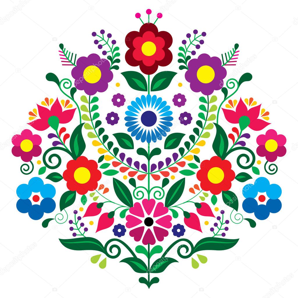 Mexican traditional floral embroidery style vector design composition with flowers, vibrant pattern inspired by folk art from Mexico 