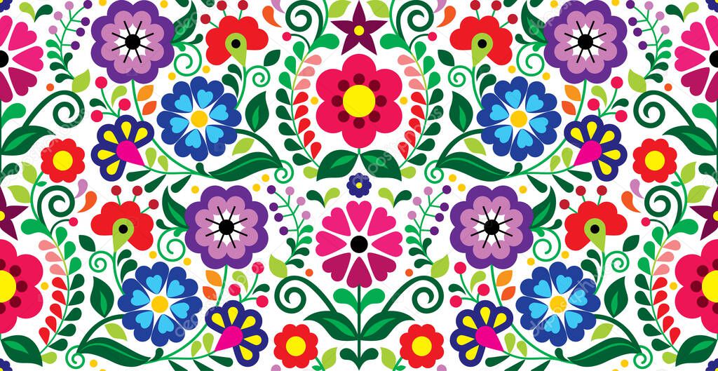 Mexican traditional floral embroidery style vector samless pattern with flowers, textile or fabric print design inspired by folk art from Mexico 
