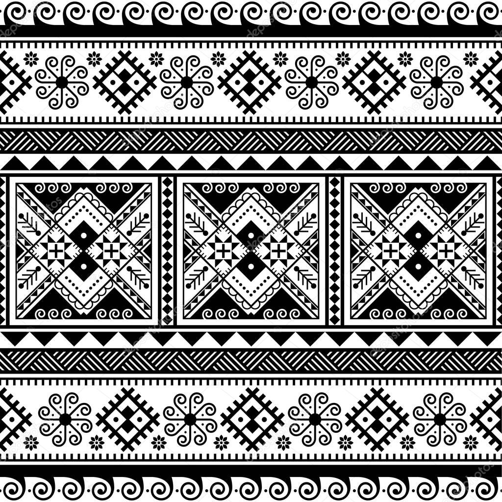 Ukrainian Easter eggs - Hutsul Pisanky vector seamless pattern, black and white Slavic folk art with triangles, waves and geometric shapes