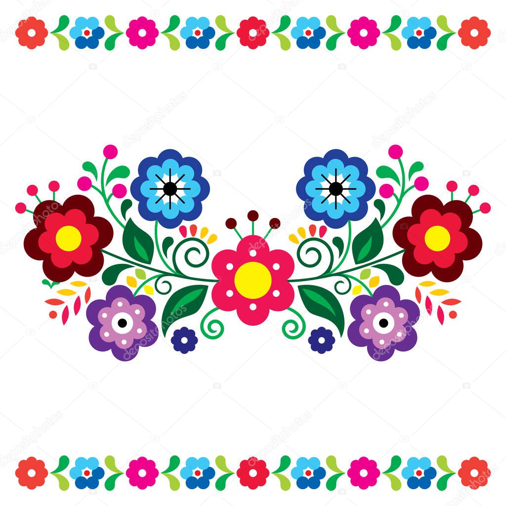 Mexican folk art style vector floral greeting card on invitation pattern inspired by traditional embroidery 