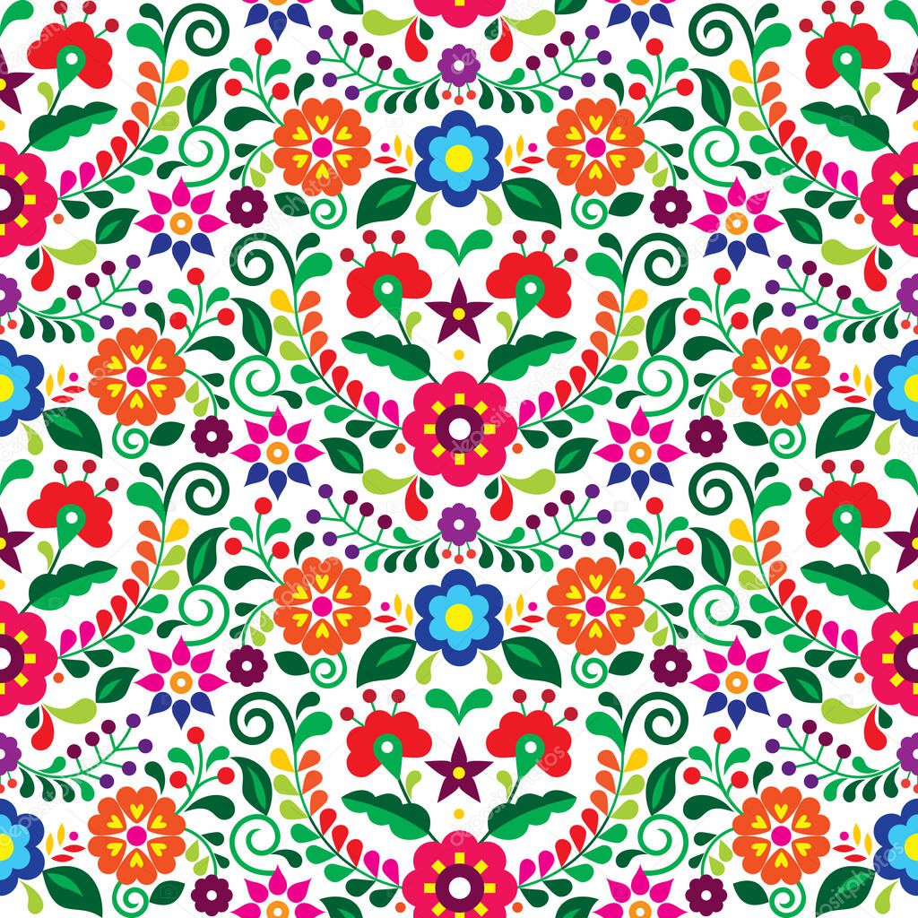 Mexican folk art vector seamless pattern with flowers, textile or fabric print design inspired by traditional embroidery ornaments from Mexico 