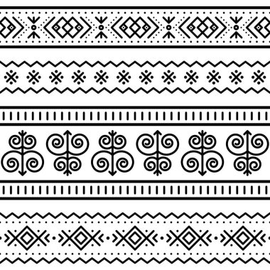Slovak kabilesinin halk sanatı vektörleri pürüzsüz uzun yatay desen seti, zikzak-zag, girdaplar, noktalar ve soyut arkaplan Zilina bölgesindeki geleneksel Cicmany köyünden esinlenilmiş geleneksel boyalı evler, Slovakya beyazlar üzerine siyahlar içinde.