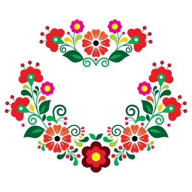 Meksika geleneksel halk sanatı tarzı çiçek deseni seti, kırmızı, pembe ve turuncu çiçekli tasarım koleksiyonu Meksika 'dan geleneksel nakışlardan esinlenilmiştir. 