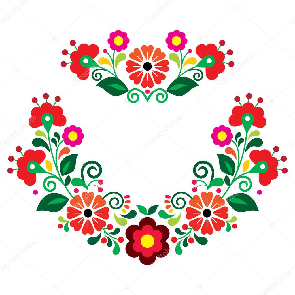 Mexican traditional folk art style vector floral wreath pattern set, design collection with red, pink and orange flowers inspired by traditional embroidery from Mexico 