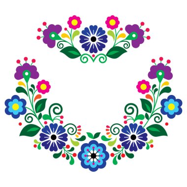 Meksika geleneksel halk sanatı tarzı çiçek desenli çelenk seti, Meksika 'dan gelen geleneksel nakışlardan esinlenen mavi ve mor çiçekli tasarım koleksiyonu 