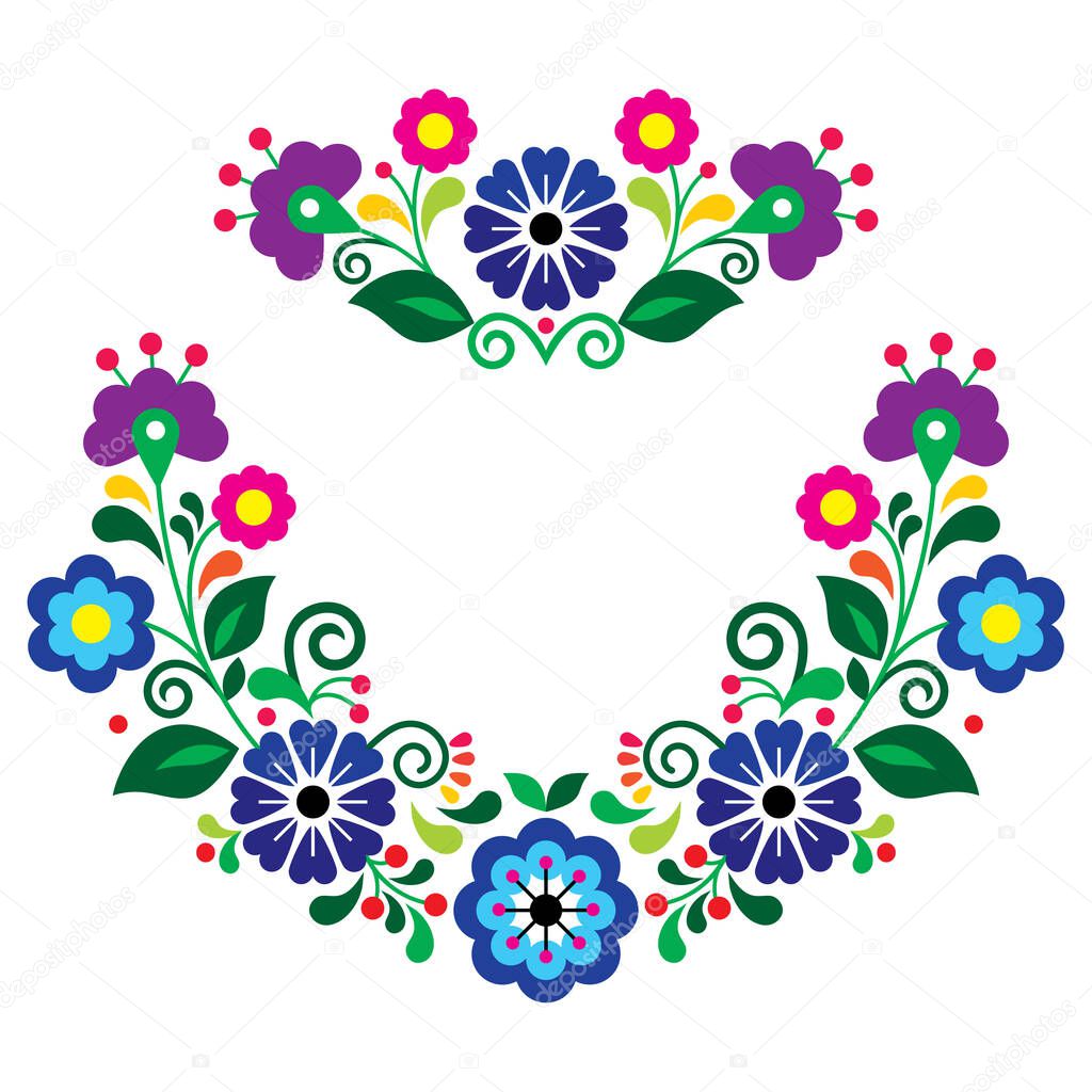 Mexican traditional folk art style vector floral wreath pattern set, design collection with blue and purple flowers inspired by traditional embroidery from Mexico 