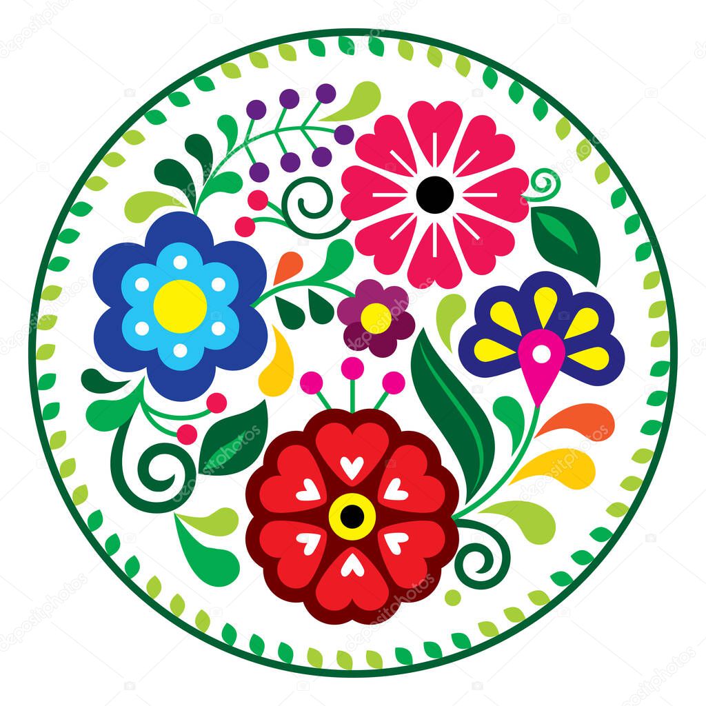 Mexican folk art style vector round floral pattern in frame, nature mandala composition inspired by traditional embroidery designs from Mexico 