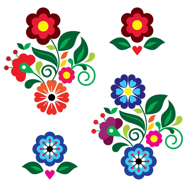 メキシコの伝統的な刺繍に触発された招待状のデザイン要素に花の葉と心で設定されたメキシコの民俗芸術スタイルベクトルパターン グリーティングカード — ストックベクタ