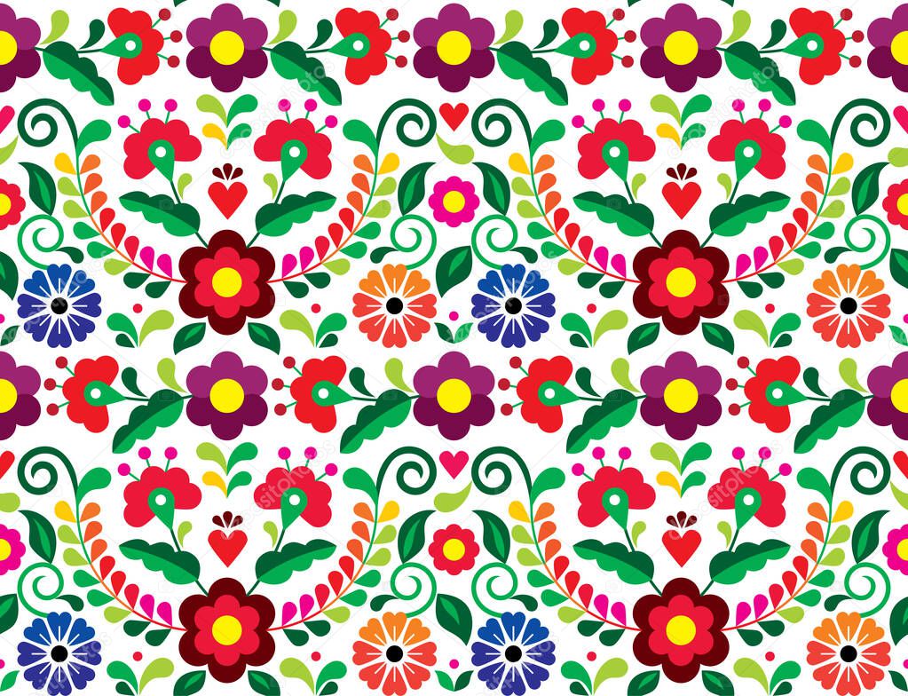 Seamless vector pattern with Mexican floral morif, textile or fabric print design inspired by traditional embroidery crafts from Mexico 