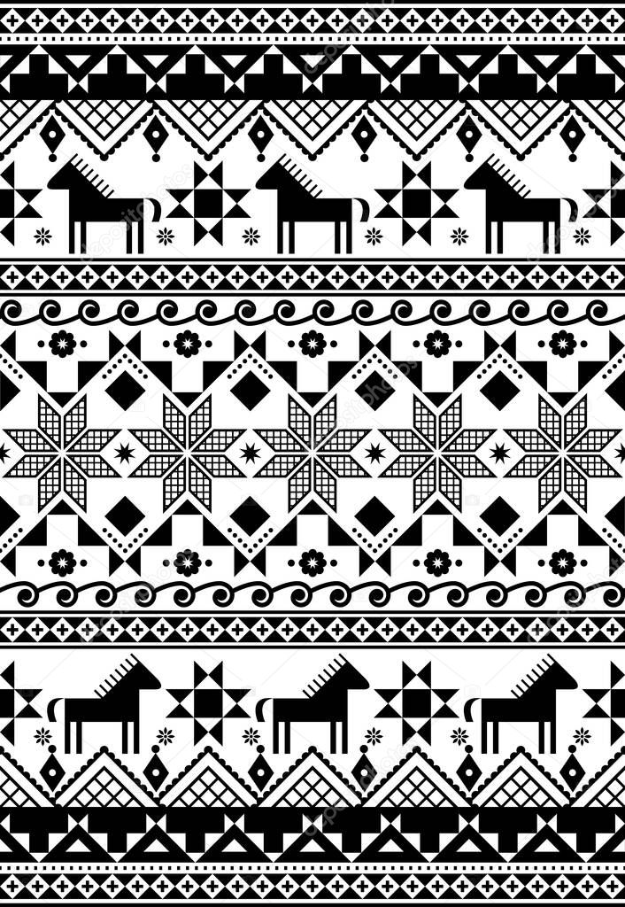Ukrainian Hutsul Pysanky vector seamless pattern with horses and geometric shapes, folk art Easter eggs repetitive design in black and white