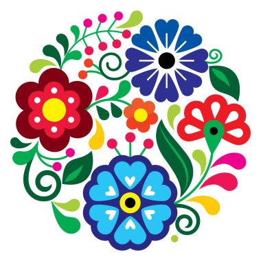 Meksika halk sanatı stili vektör mandala çiçek pıtırtıları, Meksika 'dan gelen geleneksel nakış tasarımlarından esinlenerek çember içinde doğa kompozisyonu 