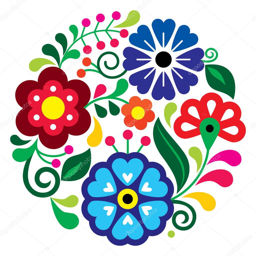 Mexican folk art style vector mandala floral patter, nature composition in circle inspired by traditional embroidery designs from Mexico 