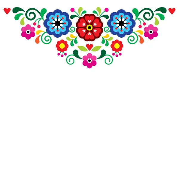メキシコの伝統的な刺繍スタイルのベクトル挨拶カードや結婚式の招待状のデザイン 花の葉と心で設定されたレトロなトップパターン — ストックベクタ