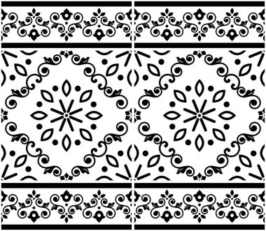 Lizbon stili Azulejo fayanssız vektör deseni, Portekiz 'den esinlenilmiş siyah ve beyaz renkli çiçek ve geometrik motifli zarif dekoratif tasarımı