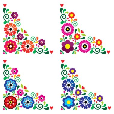 Meksika çiçek desenli vektör dizayn seti, Meksika 'dan geleneksel nakışlardan esinlenilmiş eski halk sanatı koleksiyonu. 