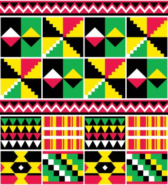 Kente nwentoma geometrik deseni Gana 'dan gelen Afrika kabile kumaşlarından ya da tekstil ürünlerinden esinlenerek yeşil, kırmızı ve sarı renkte kusursuz desen