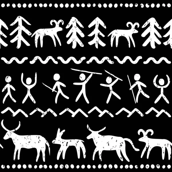 Förhistoriska Grottmålningar Konst Vektor Sömlös Mönster Vitt Svart Bakgrund Primitiv — Stock vektor