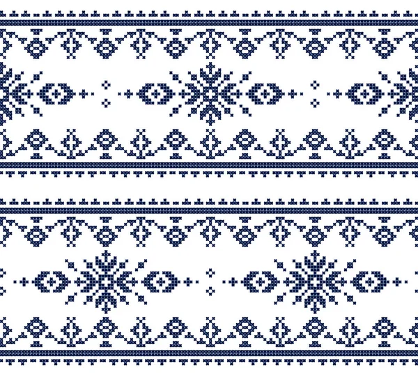 Zmijanski Vez Traditional Vector Seamless Pattern Navy Blue Cross Stitch — стоковый вектор