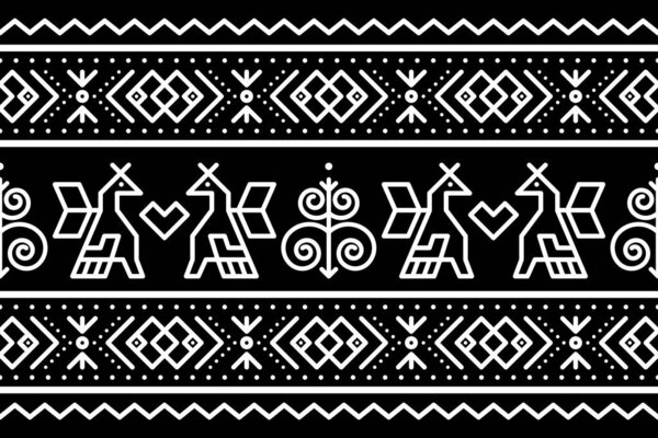 Словацкий племенной вектор народного искусства с бесшовным геометрическим рисунком с невестами и вихрями - длинный горизонтальный дейсгн, вдохновленный традиционным живописным искусством из села Чичаны Жилинского района Словакии