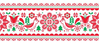 Kış şapkalı, yıldızlı ve Chrismtas ağaçlı kuşlar, İskandinav halk sanatı beyaz arka planda tekrarlayan kırmızı ve yeşil süslemeli Noel İskandinav kusursuz vektör deseni  