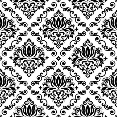 Classic Damask wallpaper or fabric print pattern, retro textile vector design, royal elegant decor is black on white background