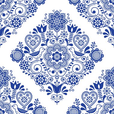 Kuşlar ve çiçeklerle İskandinav halk sanatı modeli, şirin İskandinav mavisi yinelenen çiçek deseni - tekstil ya da kumaş dekoru