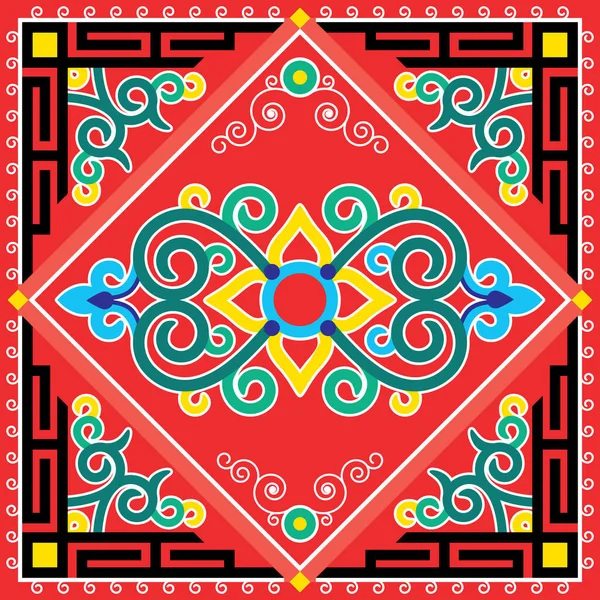 Moğolistan ve Orta Asya 'daki halk sanatından esinlenilmiş doğu vektör kare deseni, girdaplı ve çiçekli geleneksel dekor