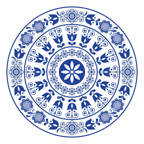 İskandinav halk sanatı vektörü mandala tasarımı, beyaz arka planda lacivert çiçekli hoş desen