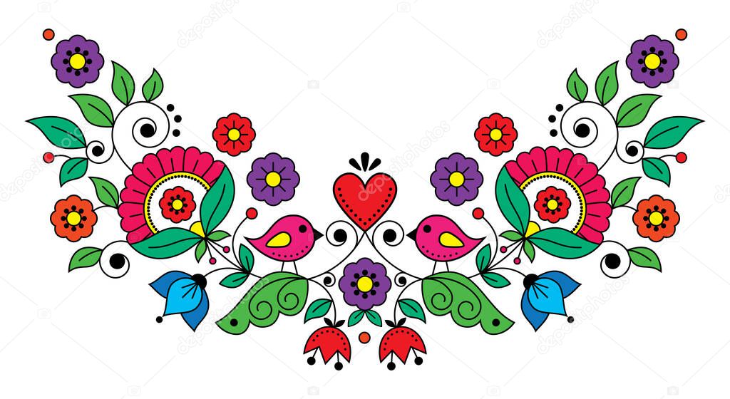 Scandianvian traditional folk art vector design with flowers, birds and heart, cute long pattern inspired by embroidery art from Scandinavia