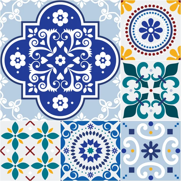 Portugalski Hiszpański Azulejo Płytki Bezszwowy Wektorowy Wzór Mozaiki Zestaw Retro — Wektor stockowy