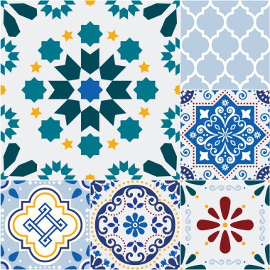 Mozaik Azulejo Portekizcesi ya da İspanyol fayanssız vektör deseni - Portekiz ya da İspanya 'dan esinlenilmiş farklı fayans boyutu dekorasyonu