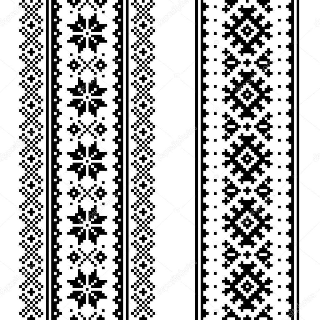 Winter vector seamless pattern set - two Christmas vertical designs, Sami people, Lapland folk art design, traditional knitting and embroidery in black and white