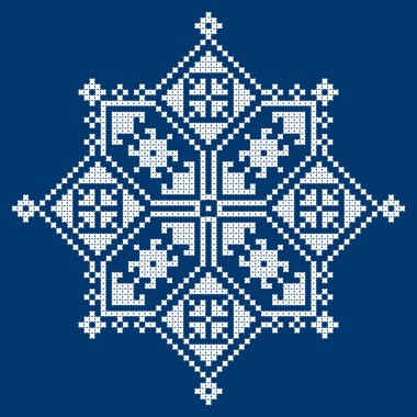 Zmijanski vez Bosna-Hersek çapraz dikiş stili vektör kare süsü - lacivert üzerine beyaz olarak geleneksel halk sanatı tasarımı