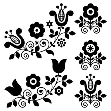 Retro polish folk art vector design elements with flowers perfect for greeting card or wedding invitation in black and white clipart
