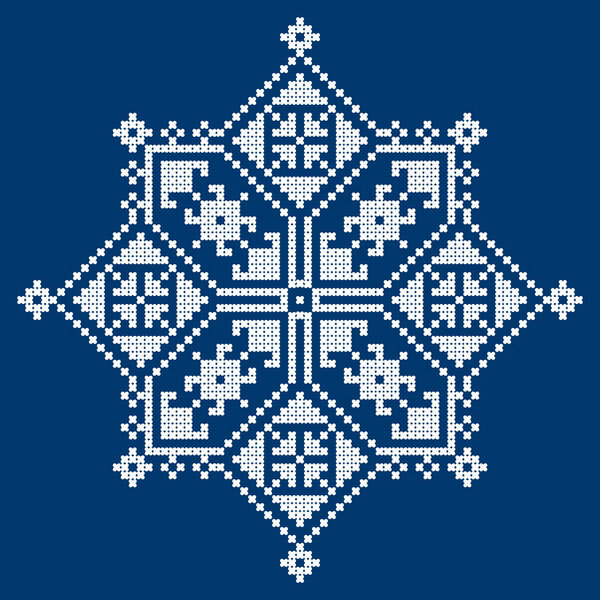 Zmijanski vez Bosnia and Herzegovina cross-stitch style vector design square ornament  - traditional folk art design in white on navy blue