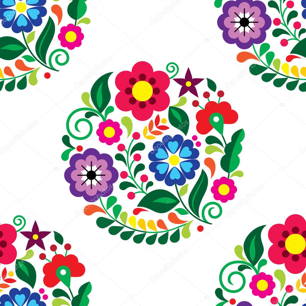 Mexican seamless vector pattern with floral bouquets, textile or fabric print design inspired by traditional embroidery crafts from Mexico 