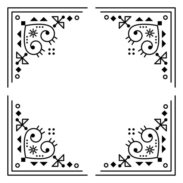 冰岛克朗民俗艺术风格部落线艺术矢量贺卡或带有边框的邀请设计 带有心形和抽象形状的几何正方形构图 — 图库矢量图片