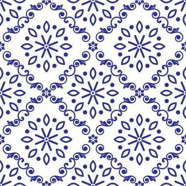 Lizbon stili Azulejo fayanssız çivit veya lacivert renkte çiçek ve yapraklı vektör, Portekiz sanatından esinlenerek tekrarlanan tasarım