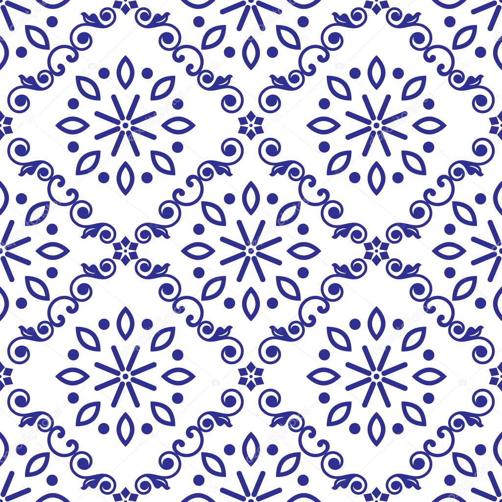 Lisbon style Azulejo tile seamless vector in indigo or navy blue with flowers and leaves, repetitive design inspired by art from Portugal