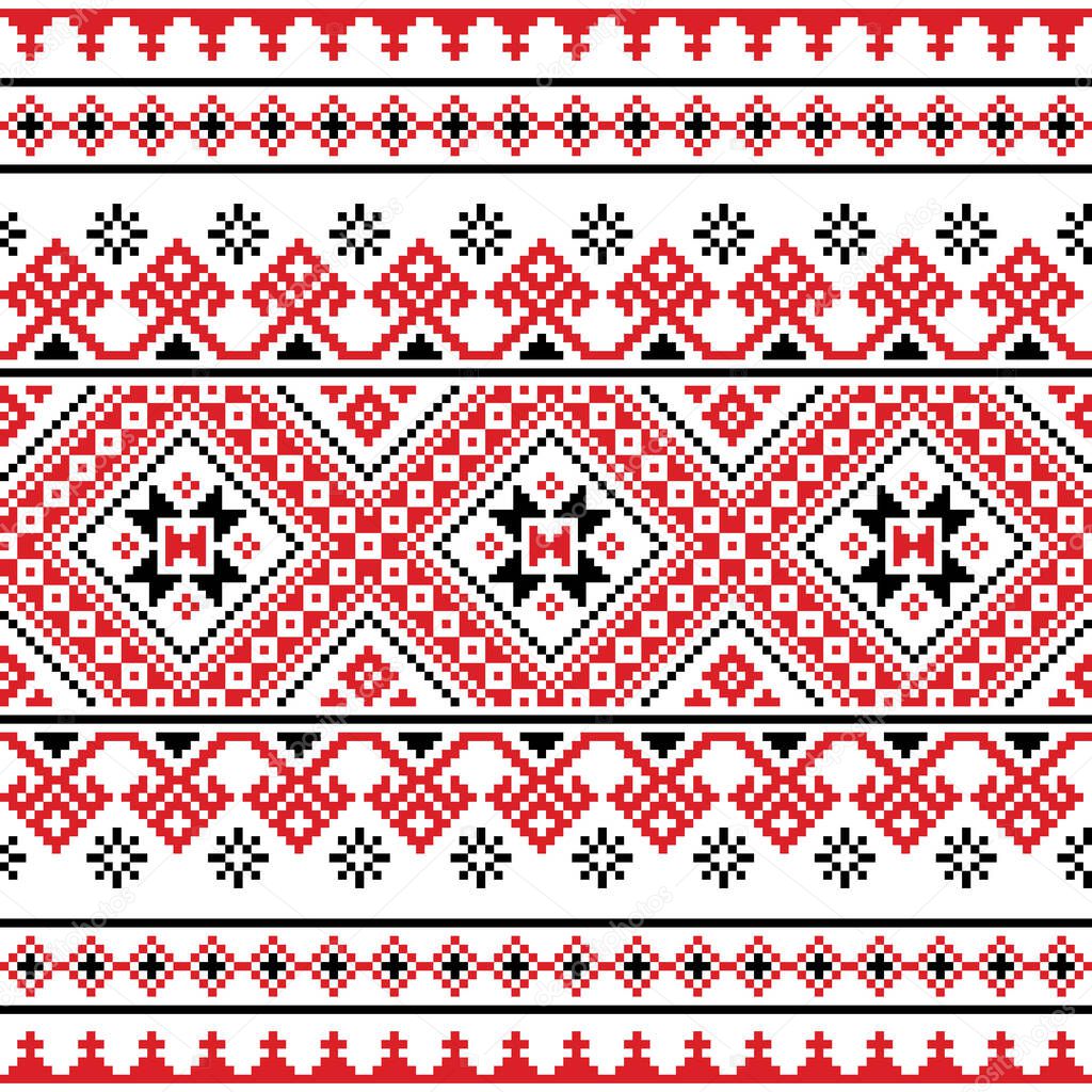 Ukrainian, Belarusian folk art vector seamless pattern with snowflakes, folk art style cross-stitch ornament - Vyshyvanka 