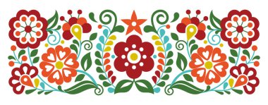 Meksika nakış stili çiçek deseni, Meksika halk sanatından esinlenilmiş süs, kırmızı, sarı ve yeşil renkli geleneksel el sanatları.