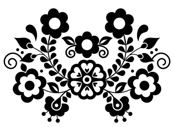 Mexican Folk Art Embroidery Style Vector Pattern Flowers Black White — Stock Vector