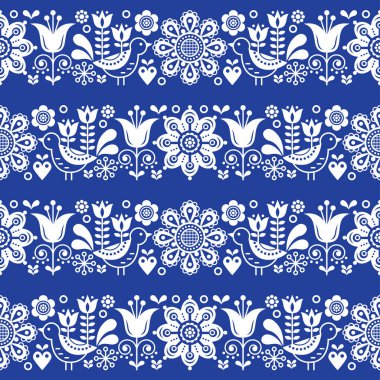 Çiçekler ve kuşlarla İskandinav kusursuz vektör deseni, İskandinav halk sanatı lacivert üzerine beyaz olarak tekrarlanan süs. 