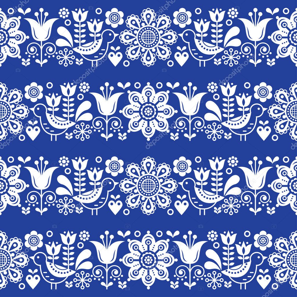 Scandinavian seamless vector pattern with flowers and birds, Nordic folk art repetitive ornament in white on navy blue 