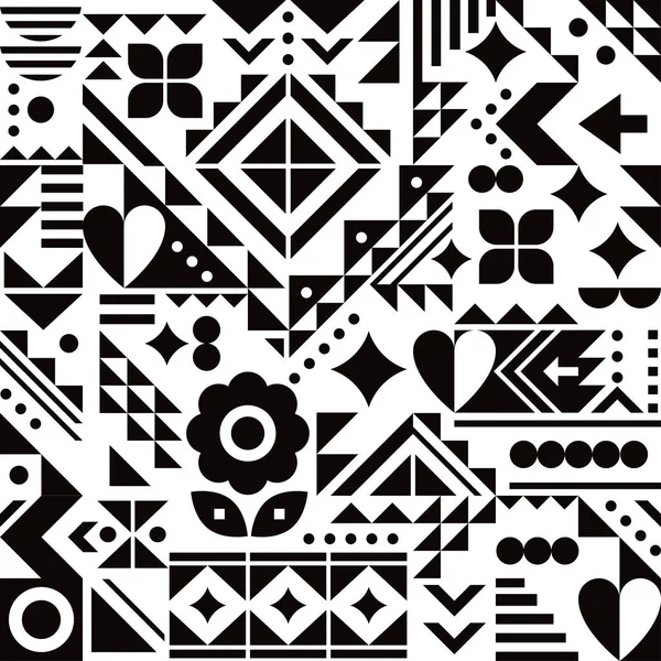 Bauhaus Inspired Vector Seamless Pattern Hearts Flowers Geometric Shapes Black — 스톡 벡터