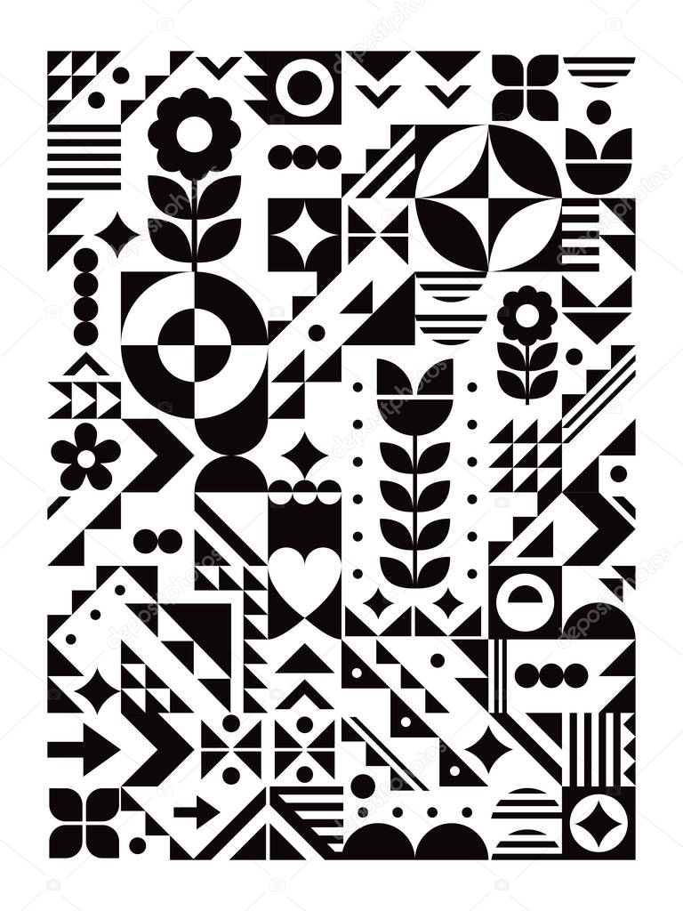 Bauhaus style cool geometric vector poster design 18x24 format in black and white with flowers, triangles, heart 